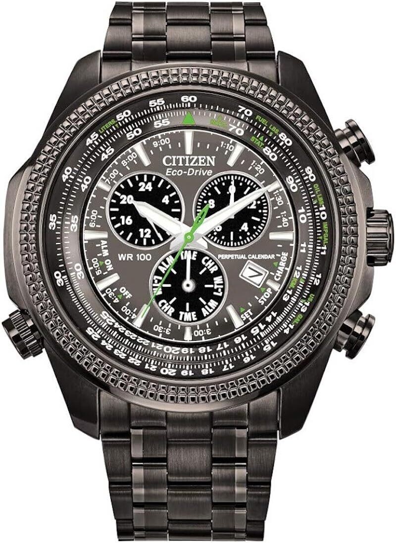 men's chronograph watch Citizen Eco-Drive Brycen BL5407-53H Perpetual Calendar 48mm 100m WR steel strap Eco-Drive movement (solar or light powered)
