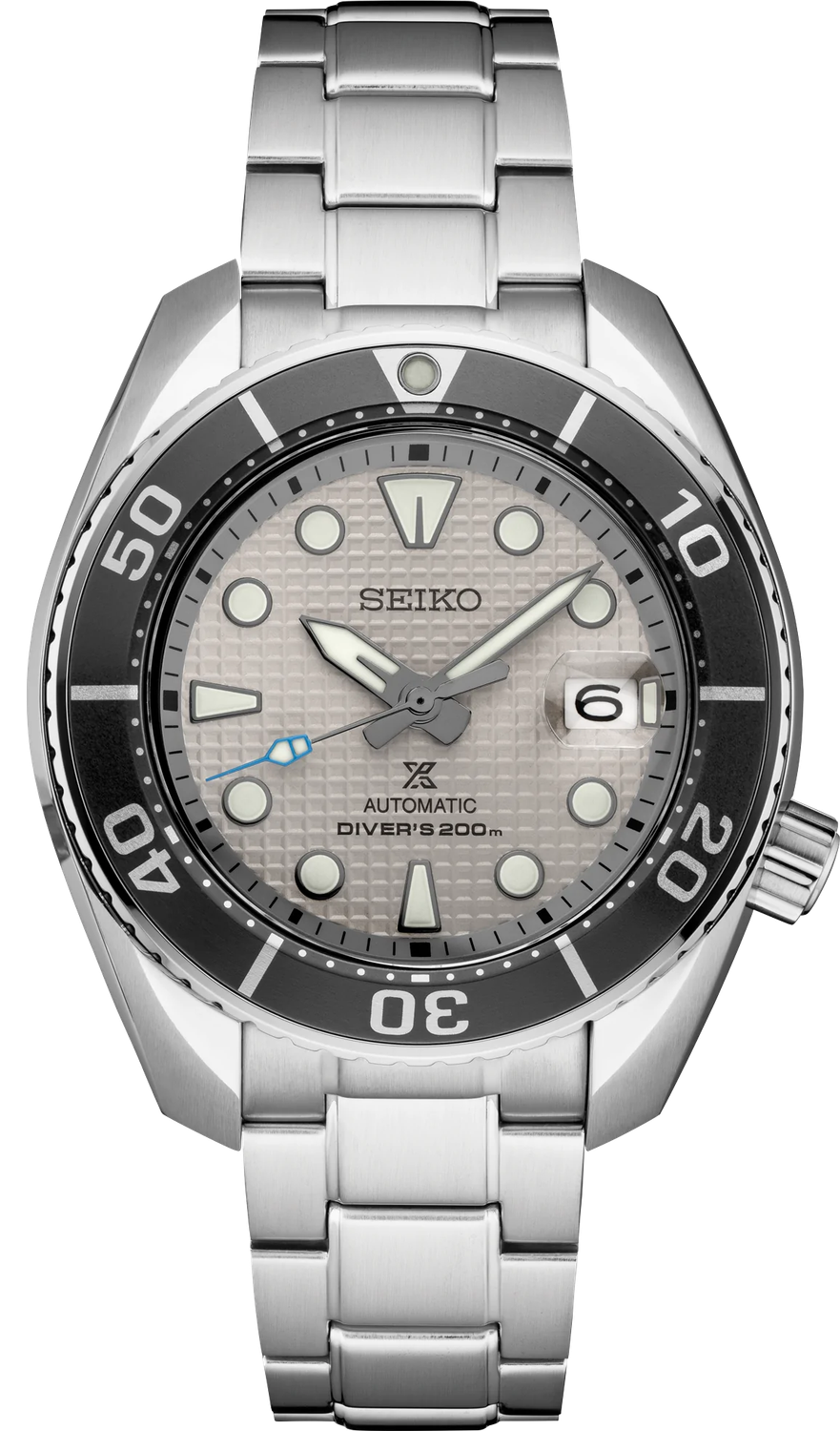 automatic diver's watch Seiko Prospex Ice Diver Gray Sumo SPB175J1 45mm 200m WR Sapphire crystal with magnifying glass stainless steel strap