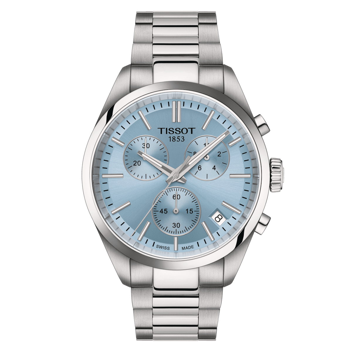 men's watch TISSOT PR 100 CHRONOGRAPH T150.417.11.351.00 40mm Domed sapphire crystal steel strap