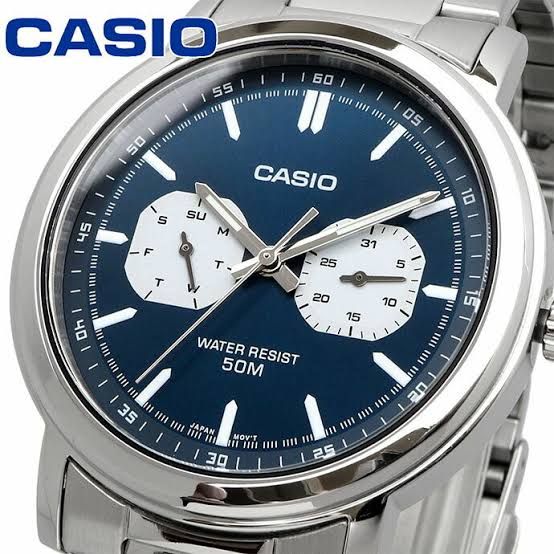 Casio MTP-E335D-2E1 classic men's watch 41mm 50m WR steel strap Luminous hands and markers