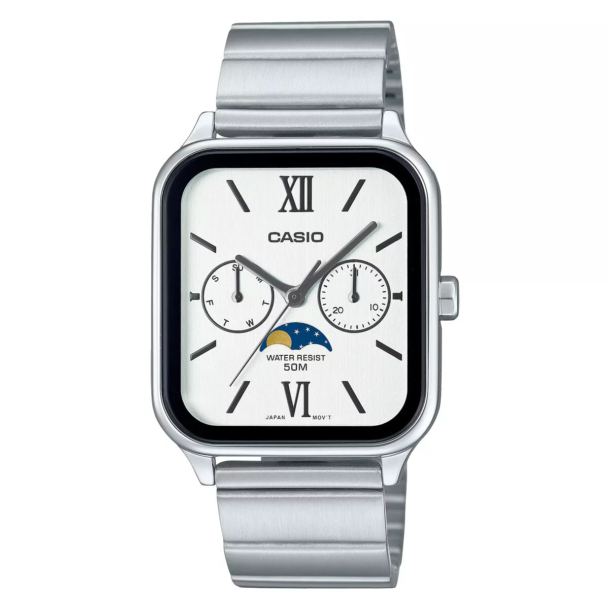 Casio Moonphase MTP-M305D-7A2 44.5 × 34 × 9.3 mm moon phases 50m WR steel strap men’s watch