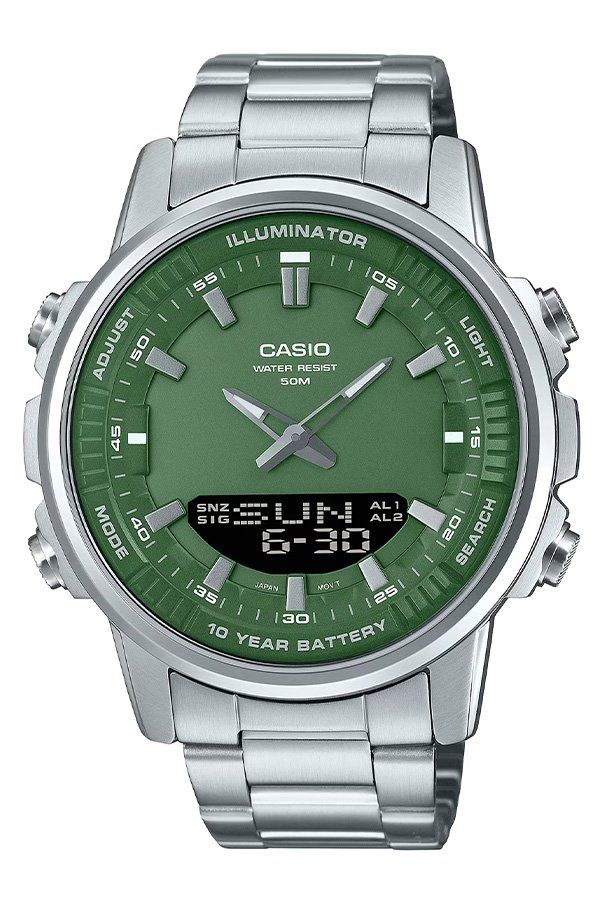men's watch Casio AMW-880D-3A 47mm World Time 50m WR steel strap 10 years battery life