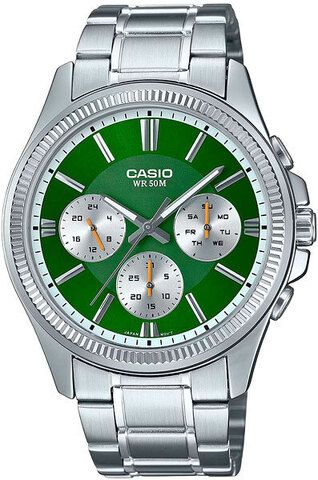 Casio Enticer MTP-1375D-3A sport men's watch chronometer green dial 42mm 50m water resist stainless steel bracelet