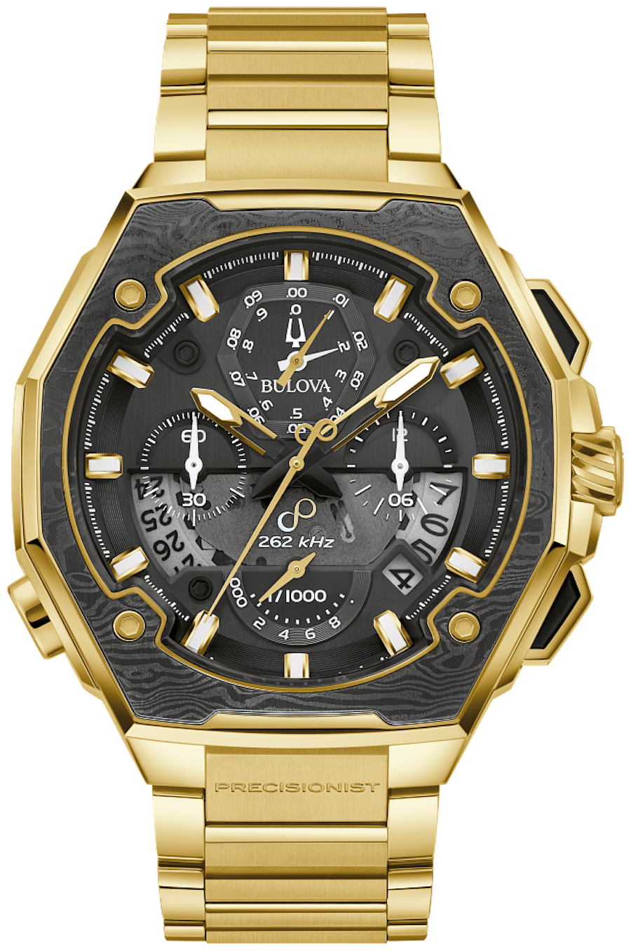 men's chronograph watch Bulova Precisionist Series X Chronograph 98B429 Damascus Steel Bezel curved anti-reflective sapphire crystal 50m WR