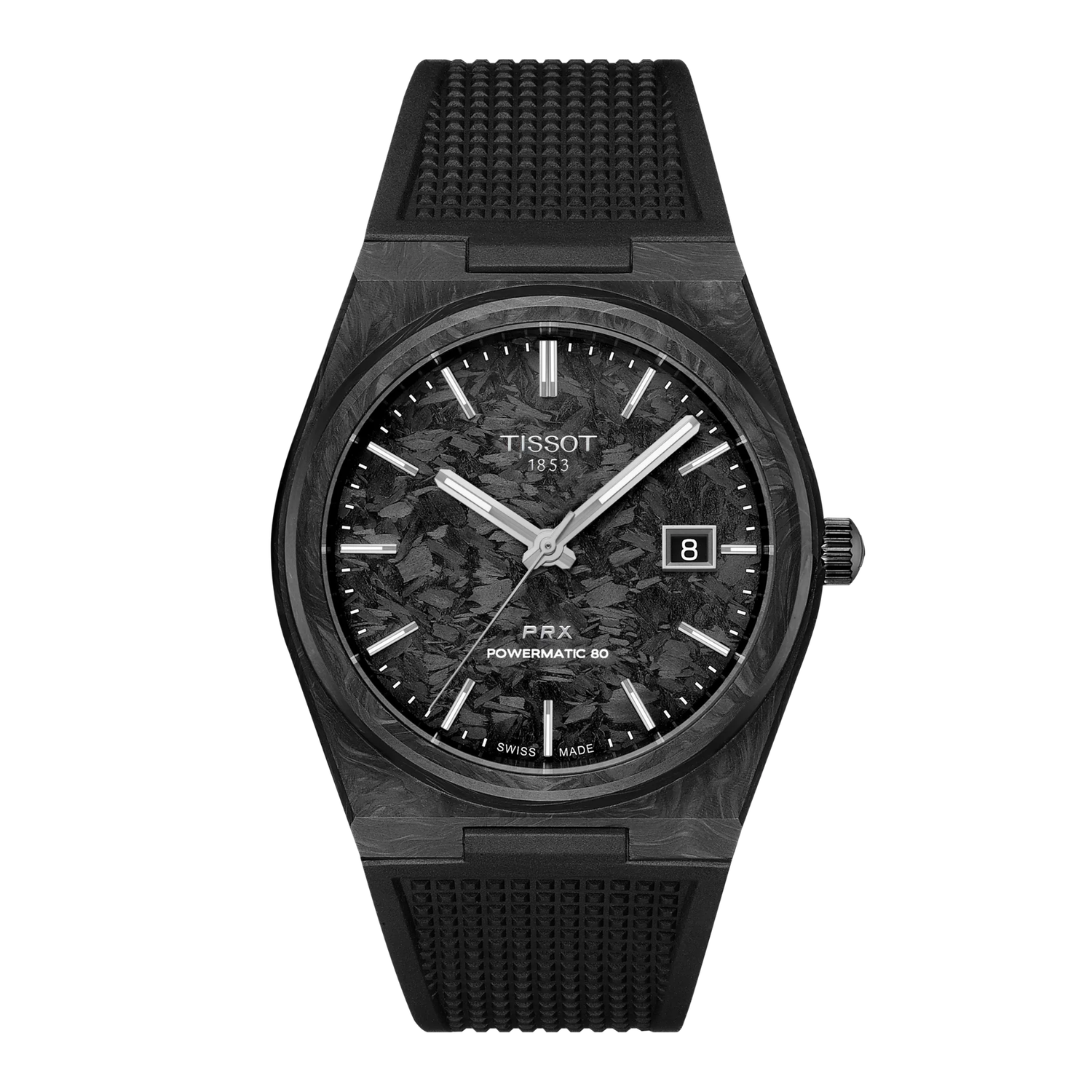 automatic men's watch Tissot PRX Powermatic 80 40mm Carbon T137.907.97.201.00 sapphire crystal 80h power reserve Silicon balance spring carbon case silicon strap silicone strap