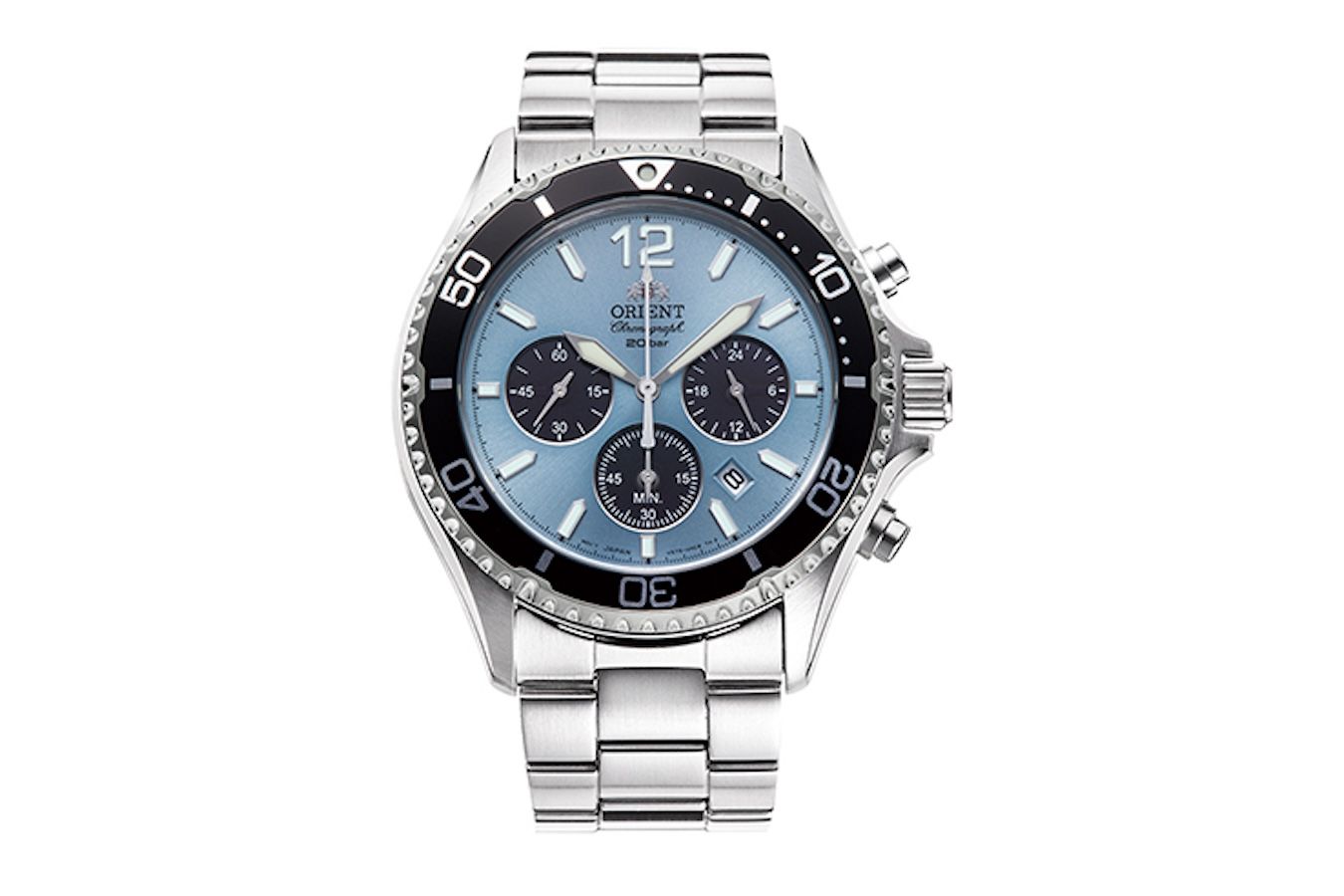 solar chronograph men's watch Orient Sports Chronograph Ice Blue Panda RA-TX0206L 42.8mm 200m WR sapphire crystal sapphire crystal steel strap (solar or light powered)