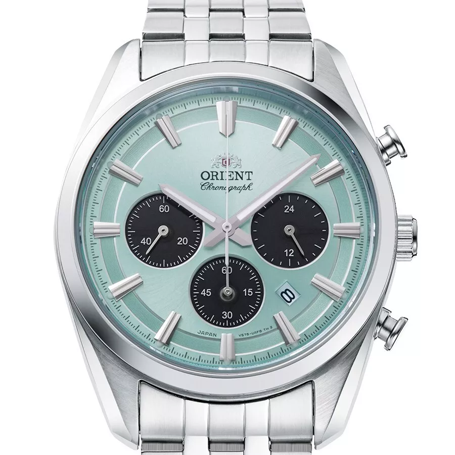 men's chronograph watch Orient Ice Blue Panda RA-TX0304L  40mm 50m WR sapphire crystal sapphire crystal steel strap solar powered