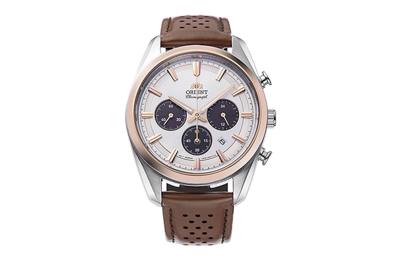 men's chronograph watch Orient Panda RA-TX0306S   40mm 50m WR sapphire crystal sapphire crystal leather strap solar powered