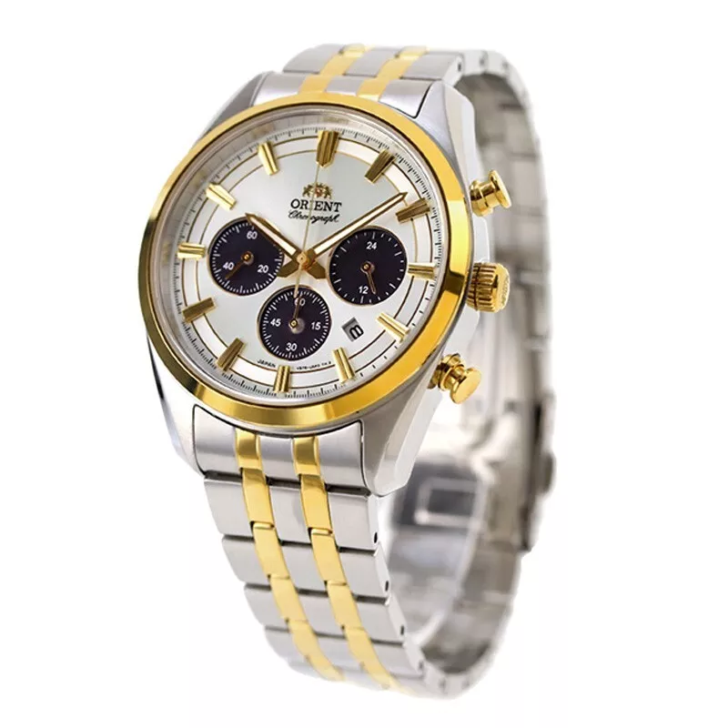 men's chronograph watch Orient Silver Panda RA-TX0302S 40mm 50m WR sapphire crystal sapphire crystal steel strap solar powered