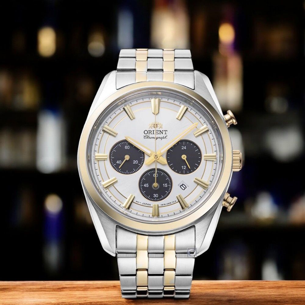 men's chronograph watch Orient Silver Panda RA-TX0302S 40mm 50m WR sapphire crystal sapphire crystal steel strap solar powered