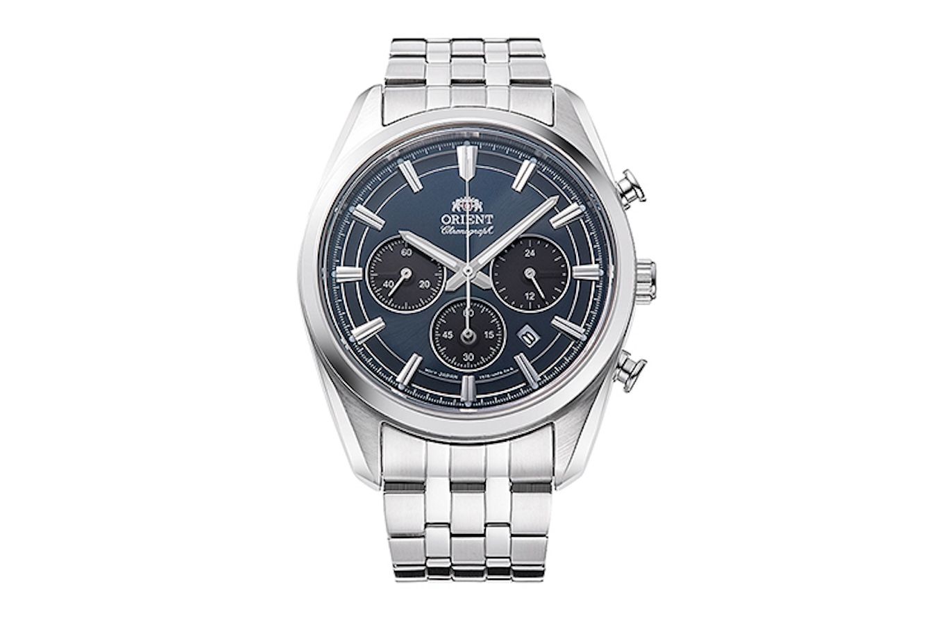 men's chronograph watch Orient Deep Blue Panda RA-TX0303L 40mm 50m WR sapphire crystal sapphire crystal steel strap solar powered