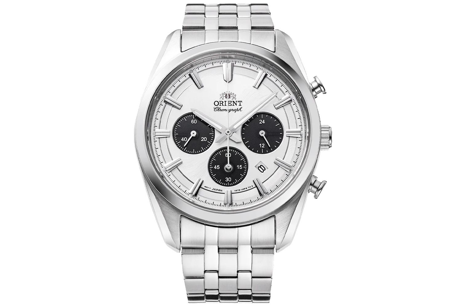 men's chronograph watch Orient Panda RA-TX0305S  40mm 50m WR sapphire crystal sapphire crystal steel strap solar powered