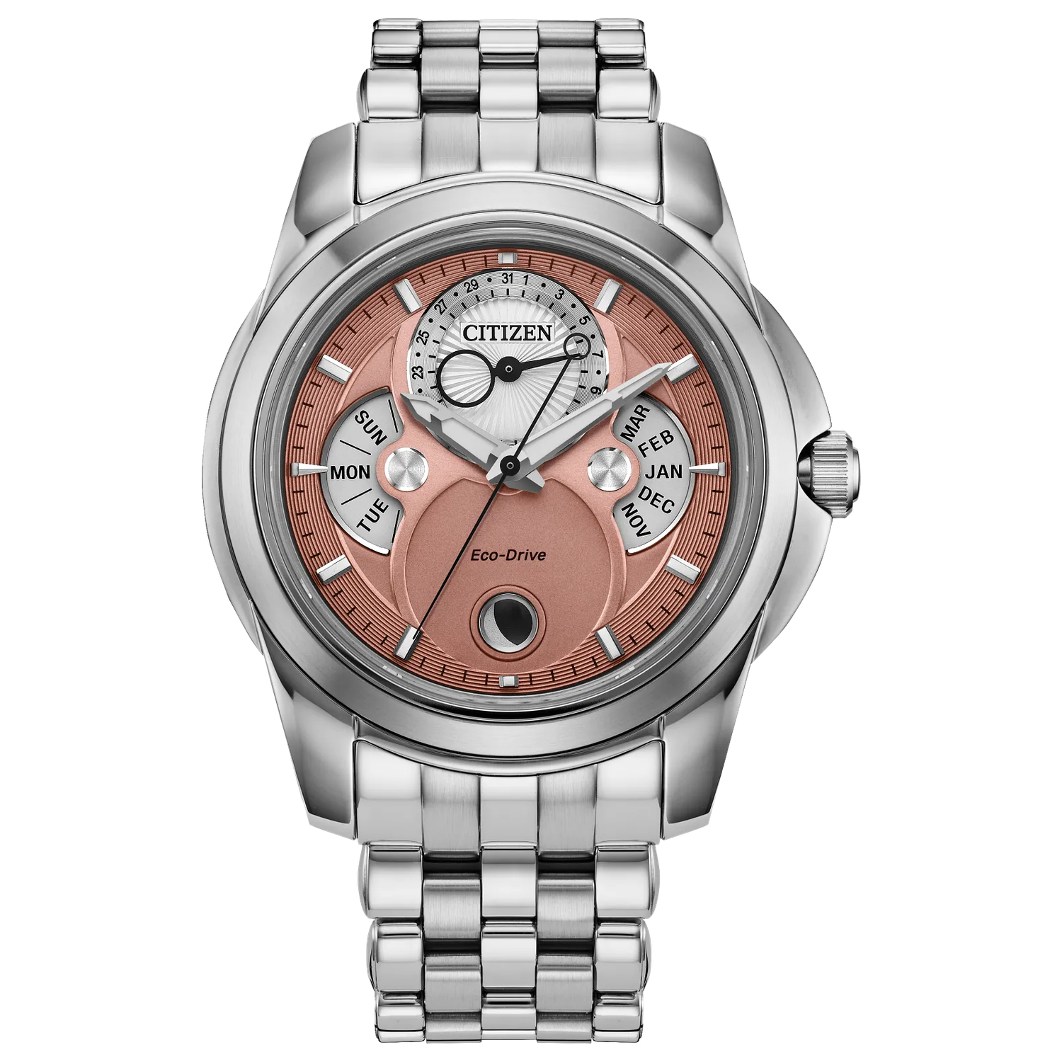 men's solar watch Citizen Calendrier Moon Phase  BU0080-52X  41.8mm 100m WR sapphire crystal  stainless steel bracelet Eco-Drive movement (solar or light powered)