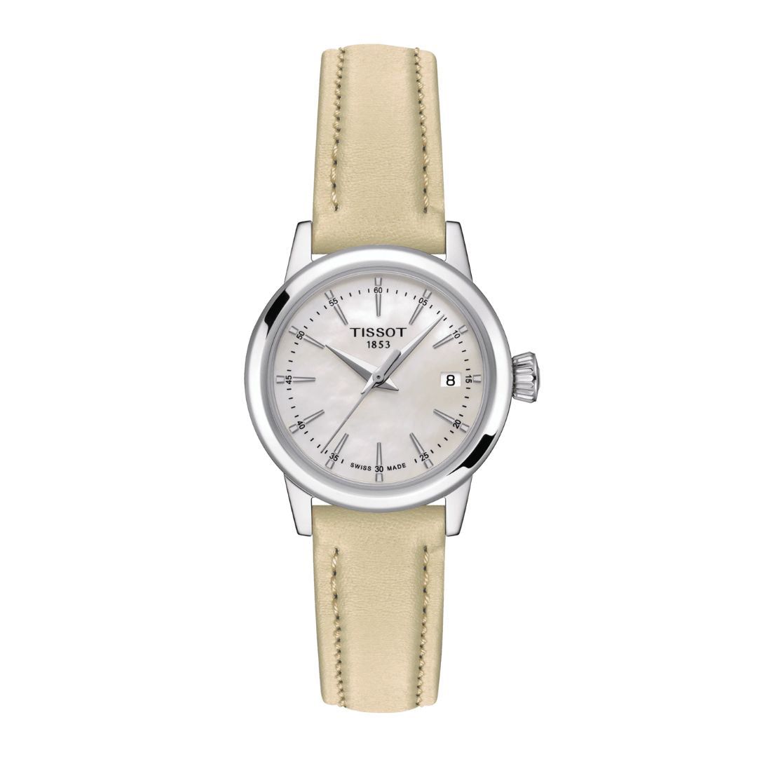 Tissot Classic Dream Lady T129.210.16.111.00 watch with mother-of-pearl dial and beige leather strap
