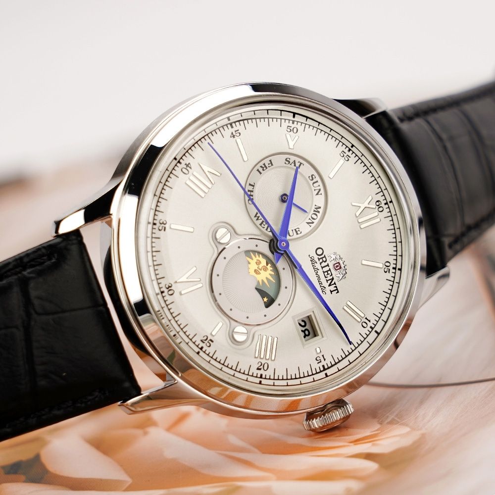 Orient Bambino Sun &amp; Moon RA-AK0802S 41.5mm automatic watch for men, leather strap 30m WR