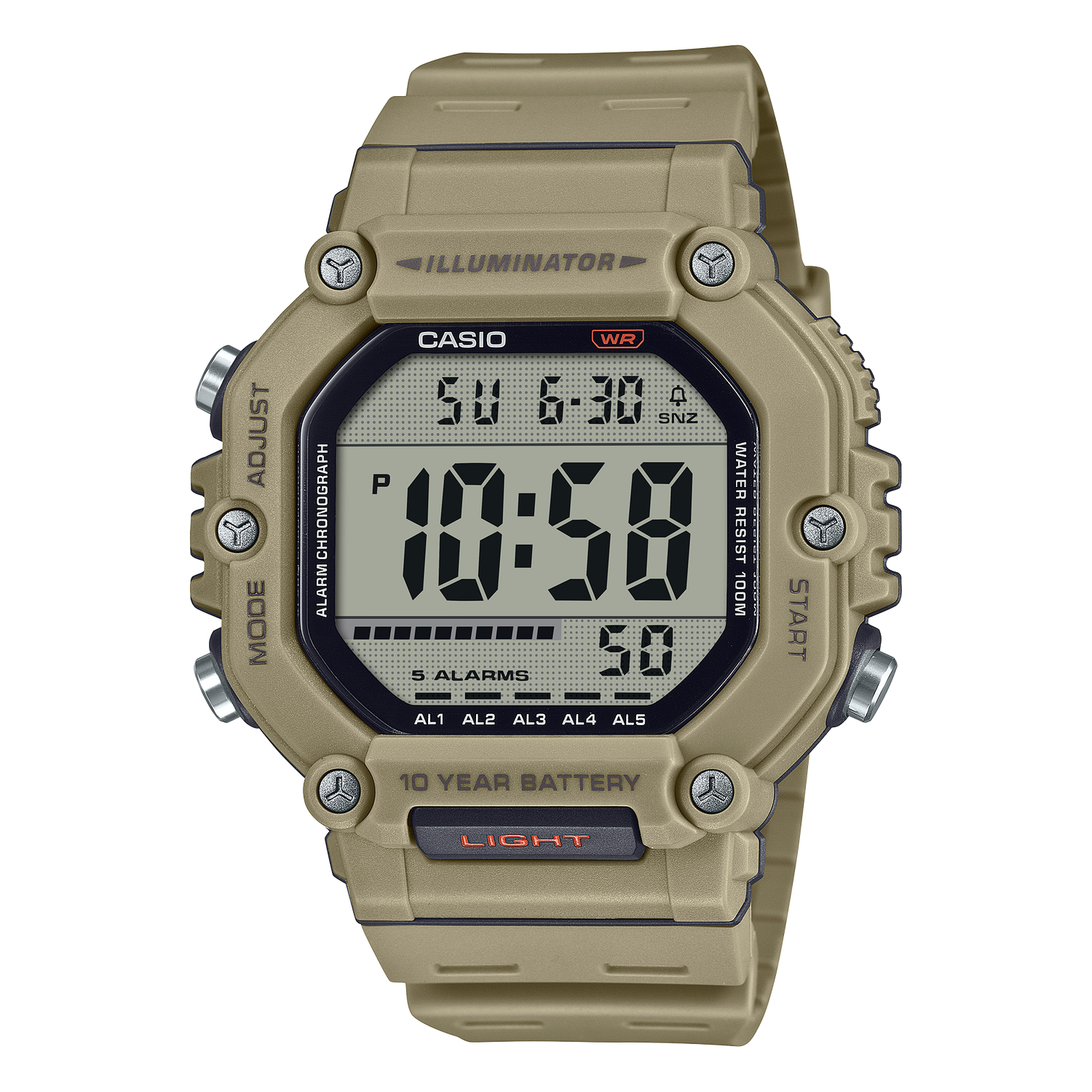 Casio AE-1600H-5AV men's sports watch 54.1 × 49.7 × 15.9 mm 10 years battery 100m WR 5 alarms