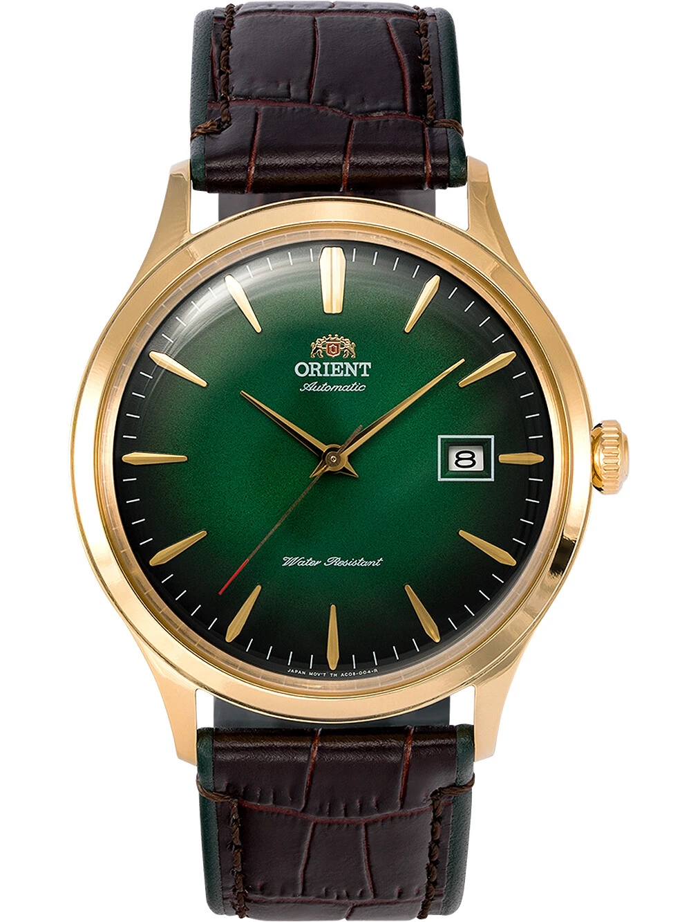 Orient Bambino Green Sunburst TAC08002F 42mm automatic watch for men (with crown) 30m WR caliber F6724 leather strap