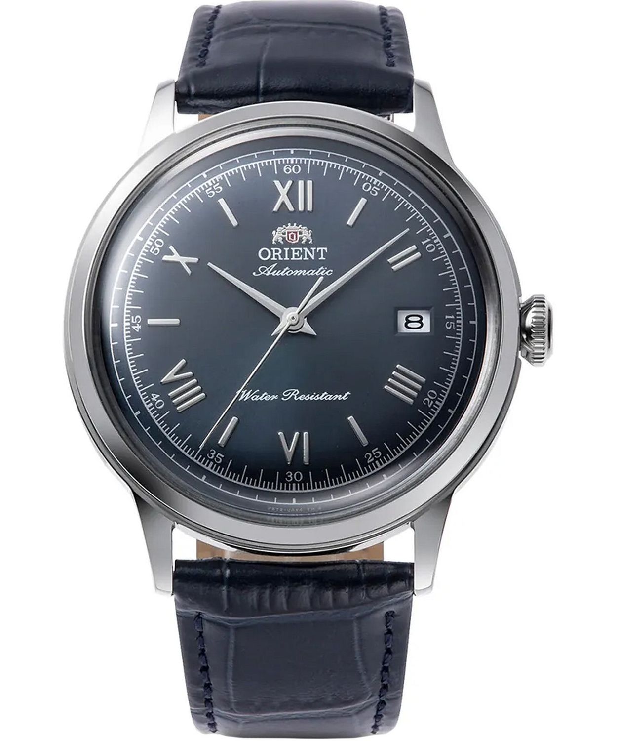 Orient Bambino Blue Sunburst RA-AC0024L 40.5mm 30m WR automatic men's watch with leather strap, caliber F6724