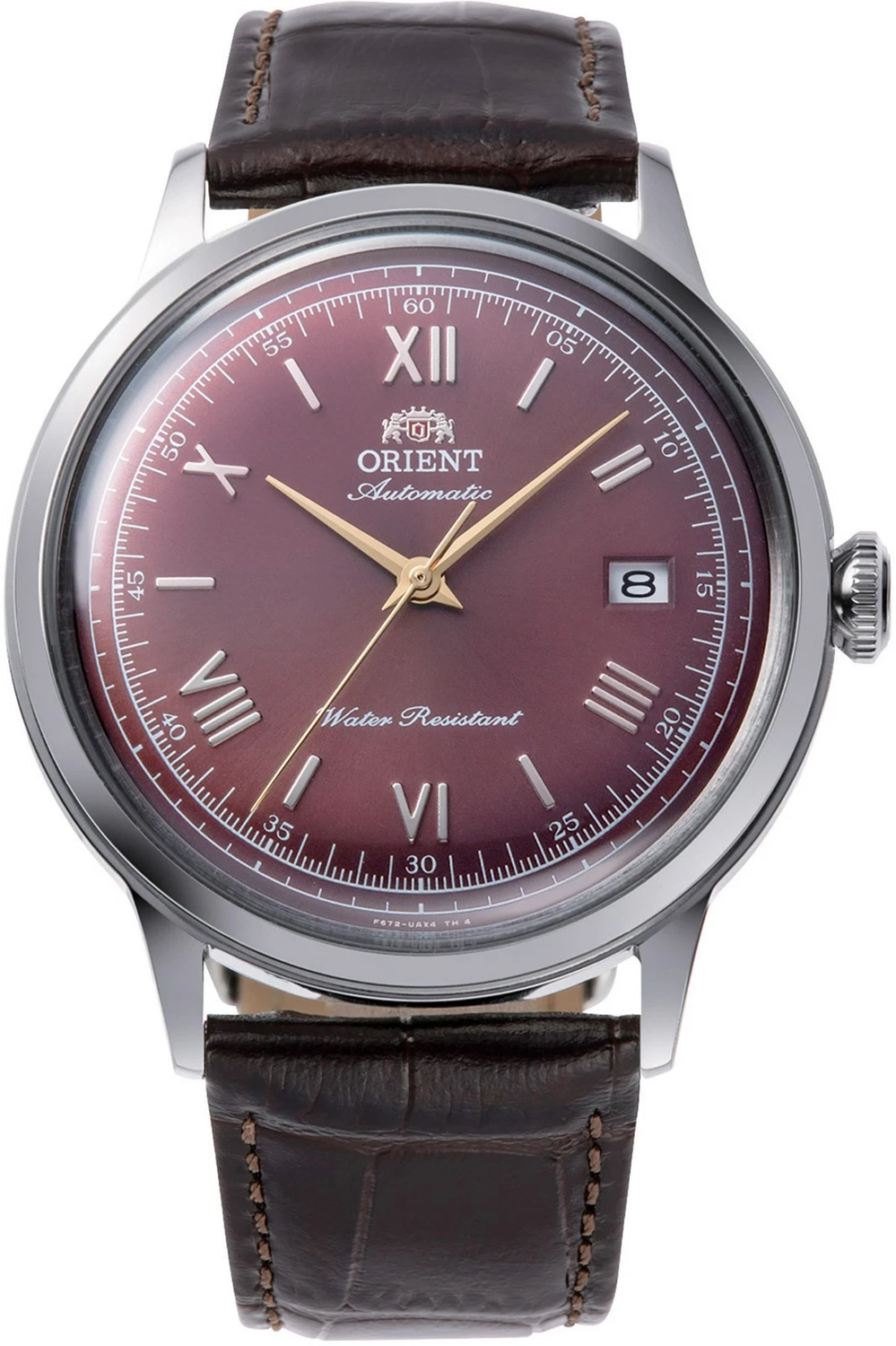 Orient Bambino Burgundy Red Wine RA-AC0026R 40.5mm 30m WR automatic men's watch with leather strap, caliber F6724