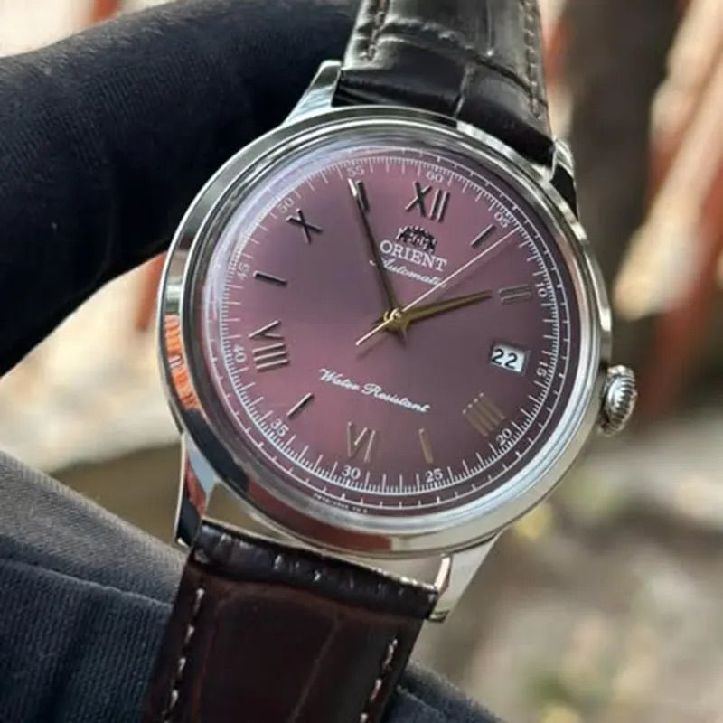 Orient Bambino Burgundy Red Wine RA-AC0026R 40.5mm 30m WR automatic men's watch with leather strap, caliber F6724