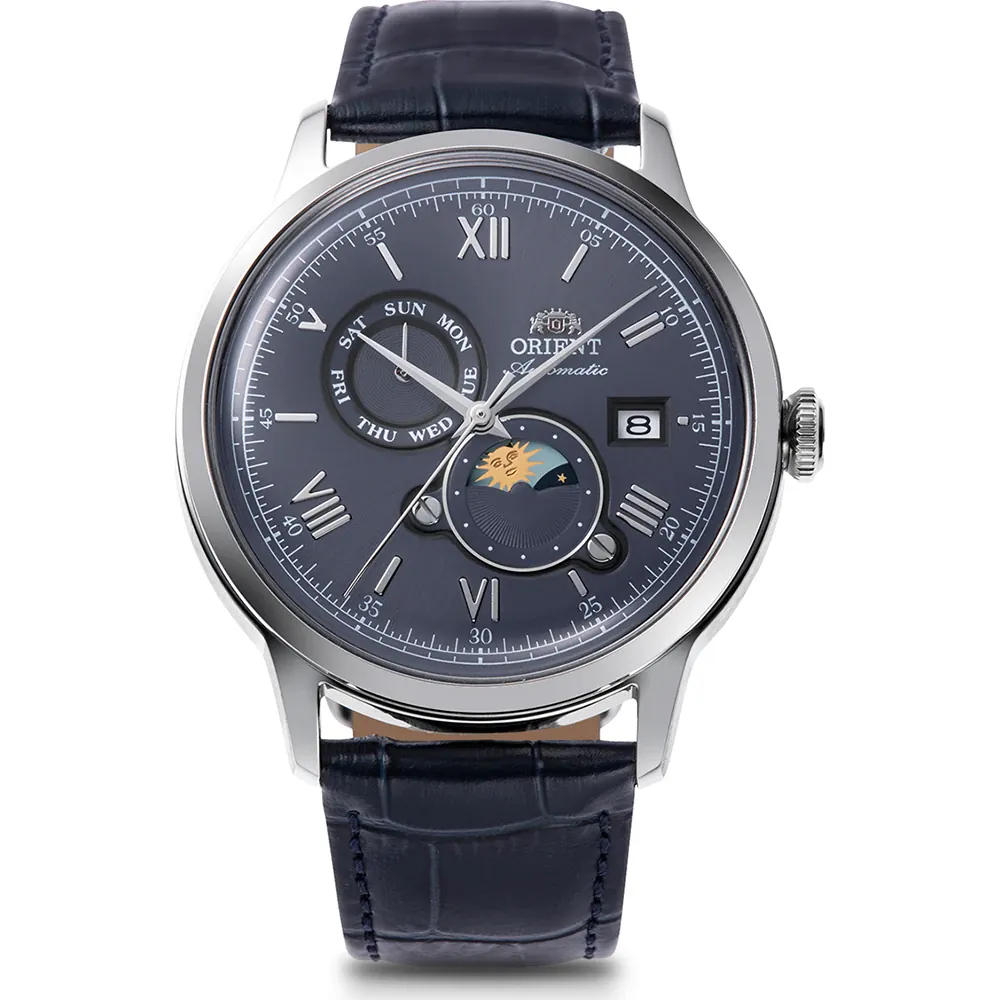 Orient Bambino Sun &amp; Moon Navy Blue RA-AK0806L 41.5mm automatic watch for men with hand-hacking (manual winding possible) and leather strap