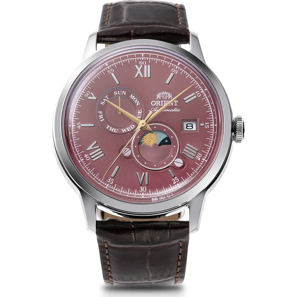 Orient Bambino Sun &amp; Moon RA-AK0807R 41.5mm automatic watch for men with hand-hacking (manual winding possible) and leather strap