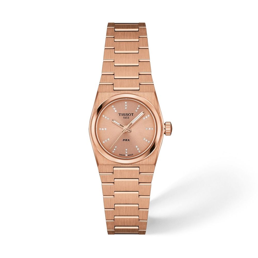 Women’s quartz watch Tissot PRX T137.010.33.506.00   25mm – Sapphire, 100 m, diamonds, rose gold PVD steel bracelet