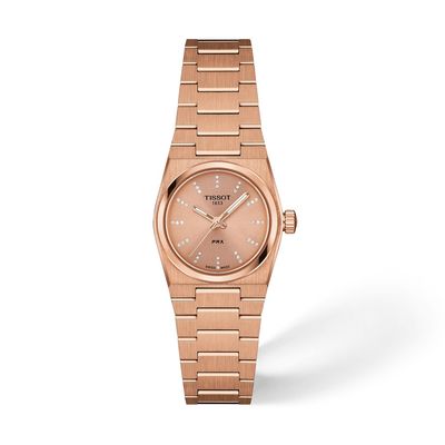 Women’s quartz watch Tissot PRX T137.010.33.506.00   25mm – Sapphire, 100 m, diamonds, rose gold PVD steel bracelet