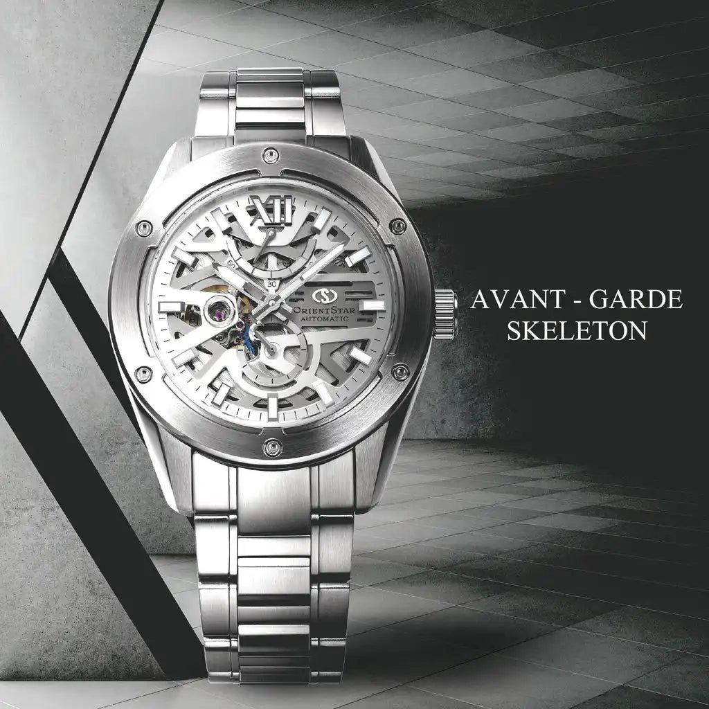 Orient Star Avant-Garde Skeleton RK-BZ0001S JDM men's automatic watch 42.3mm 100m WR sapphire crystal SAR 60h Power reserve Silicon escapement Made in Japan JDM (Japanese domestic market)