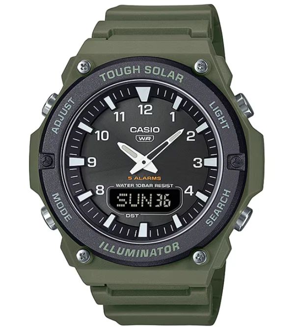 Casio men's solar watch AQ-S820W-3BJF JDM 52.2 mm × 46.6 mm × 13.8 mm World Time 100m resin strap neon-coated hands and markers JDM (Japanese domestic market)