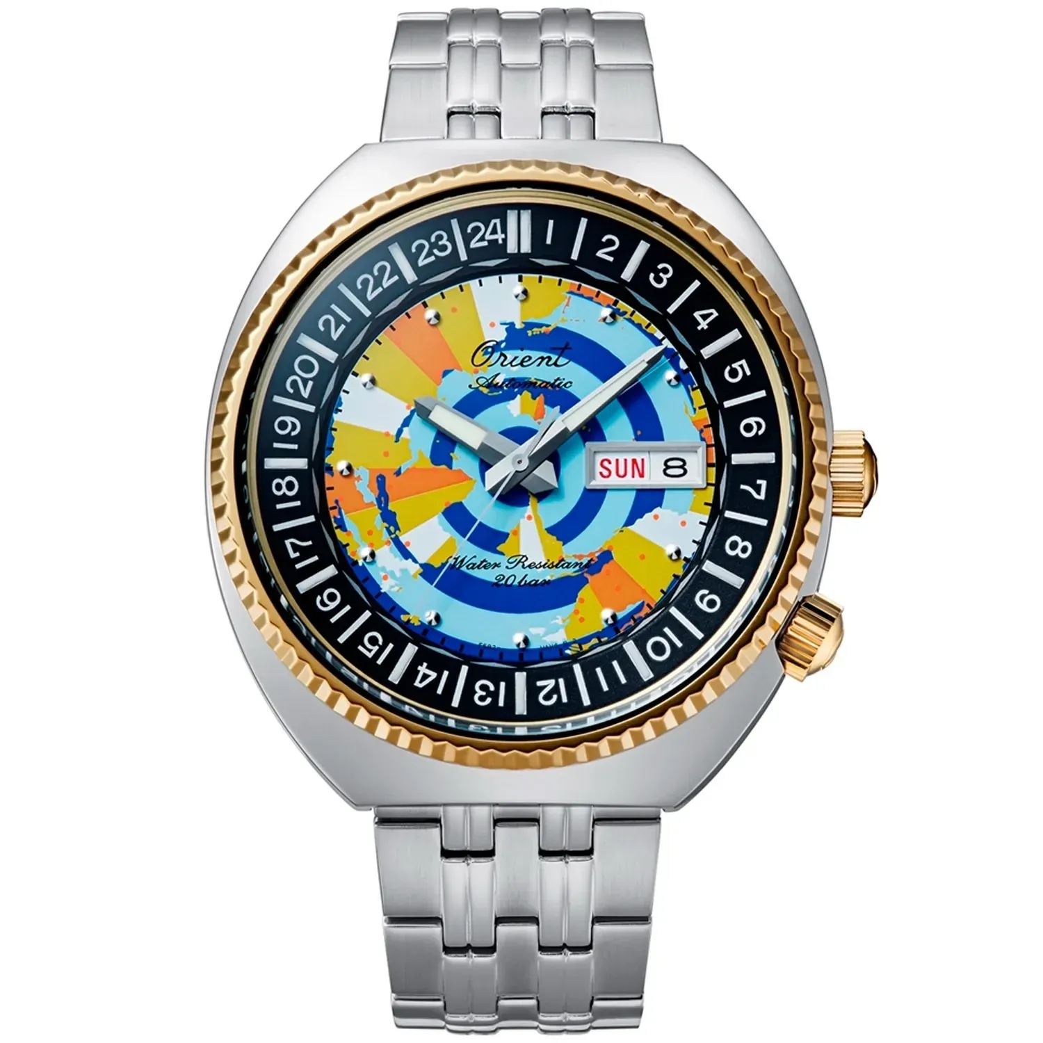 Orient World Map Revival 1969 RA-AA0E08Y Men's Automatic Watch 43.5mm Limited Edition 75th Anniversary 200m WR Steel Strap