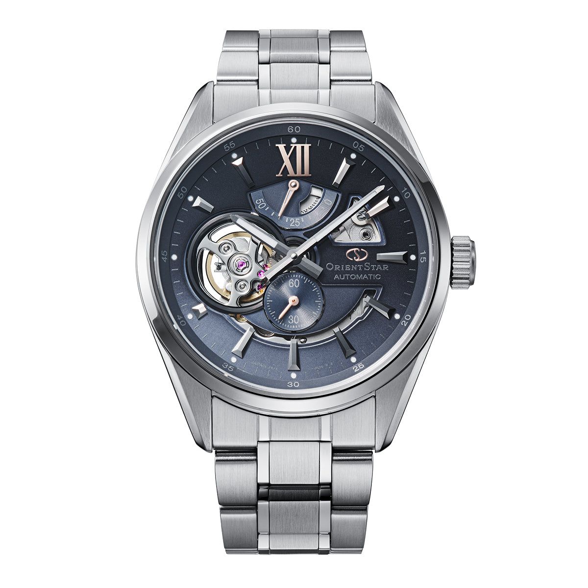 Orient Star Joker Skeleton Keshiki RE-AV0132L Limited Edition 41mm 100m WR men's automatic watch with sapphire crystal, grayish blue dial, and steel strap