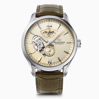 Orient Star Contemporary Layered Skeleton RE-AV0B10G Textile Series Champagne 41mm 100m WR Double Curved Sapphire Crystal Cal. F6F44 50h Power Reserve Leather Strap