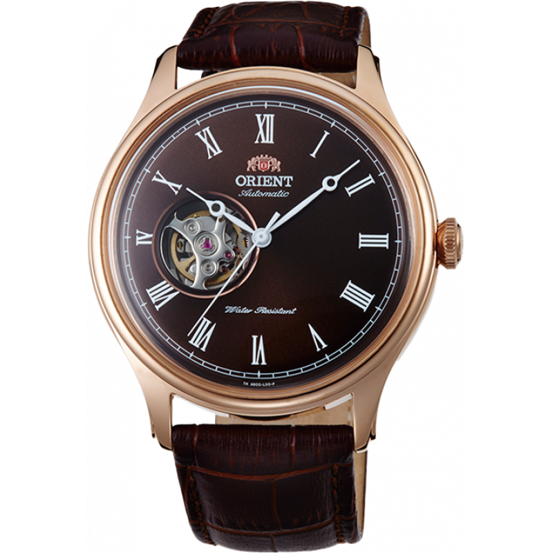 Orient Bambino Classic “Open Heart” TAG00001T AG00001T 43mm Automatic Men's Watch - Semi-Skeleton Chocolate Rose Gold Leather Strap