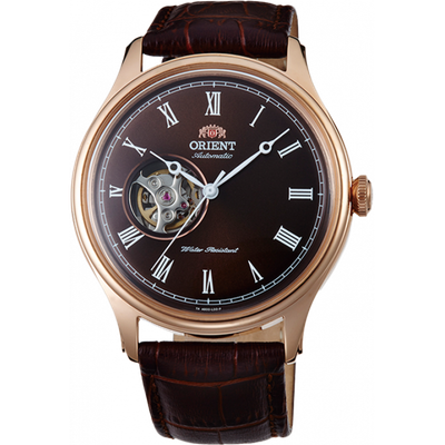 Orient Bambino Classic “Open Heart” TAG00001T AG00001T 43mm Automatic Men's Watch - Semi-Skeleton Chocolate Rose Gold Leather Strap