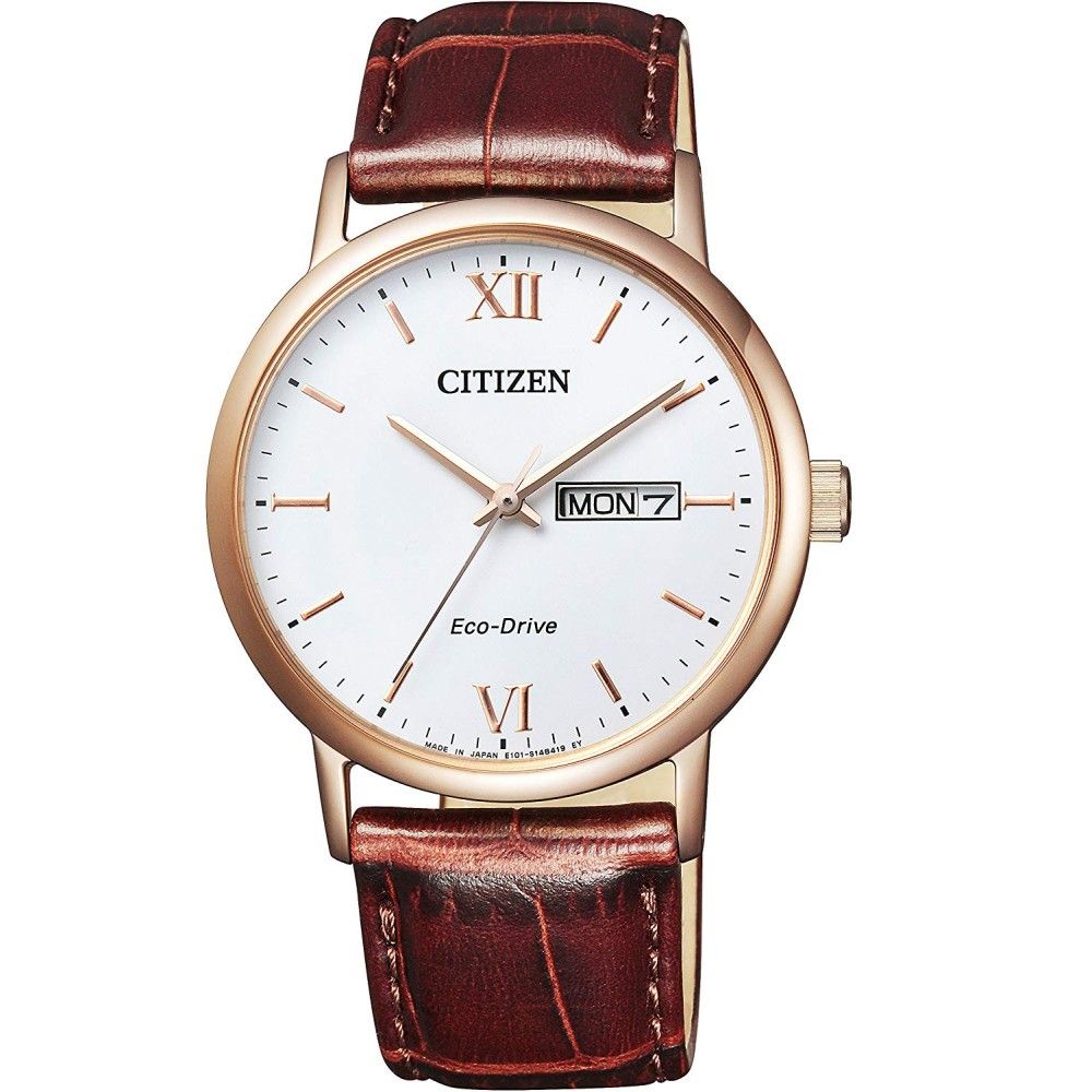 CITIZEN Eco-Drive BM9012-02A JDM 37mm unisex solar watch – Classic Gold Day/Date sapphire crystal JDM (Japanese domestic market) made in Japan leather strap