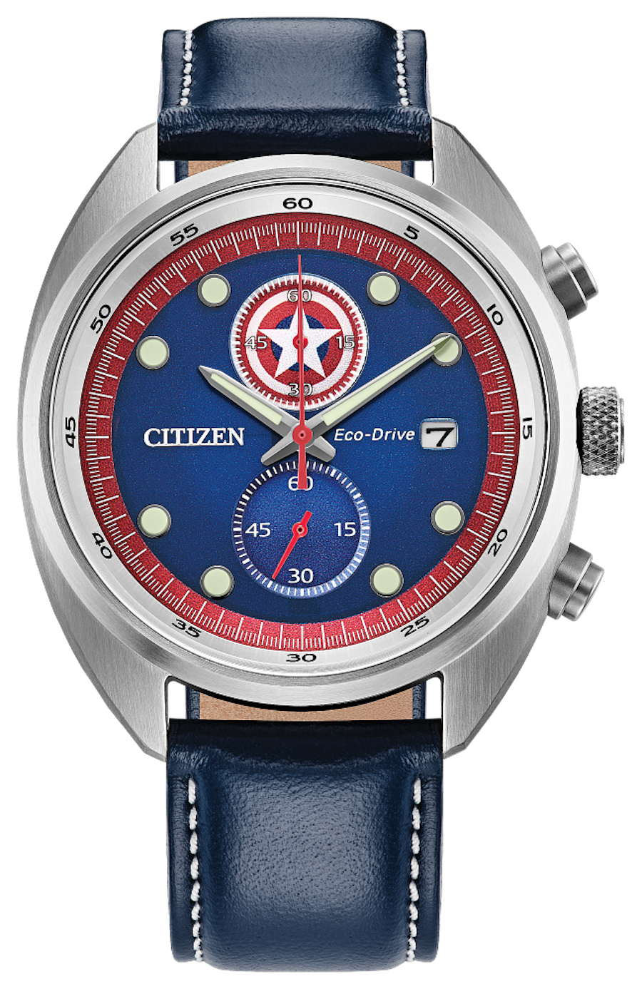 Citizen CA7046-46W Eco-Drive Chronograph “Captain America 85th Anniversary” 41 mm steel, blue dial, Marvel special edition Eco-Drive movement (powered by solar energy or light)