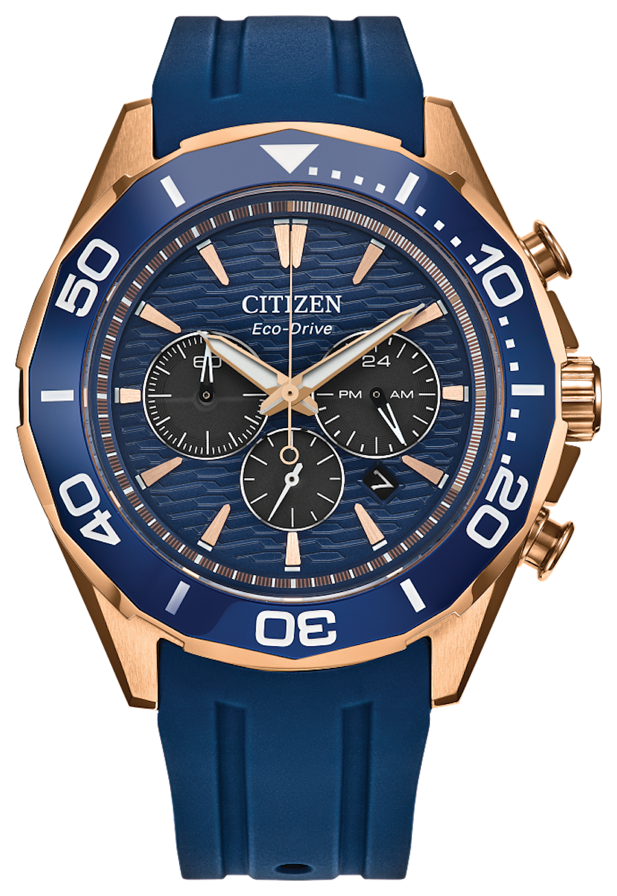 Citizen CA4733-00L Endeavor Chrono Eco-Drive men's chronograph watch, sapphire crystal, 43 mm rose gold steel, blue dial, blue rubber strap, WR100, Eco-Drive movement (powered by solar energy or light)