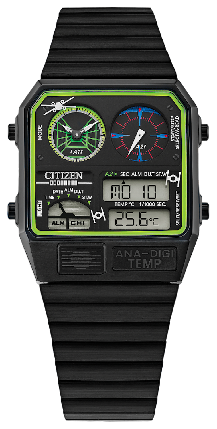 Citizen JG2109-50W Star Wars “Trench Run” Ana-Digi-Temp unisex watch, black steel, 33 mm, dual time, chronograph, thermometer