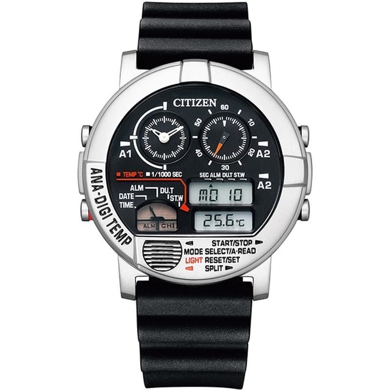 Citizen Ana-Digi Temp JG0070-11E Record Label JDM 43.8 mm Quartz Chronograph Watch – Retro 80s “Round Face” Dual Time Thermometer JDM (Japanese Domestic Market)