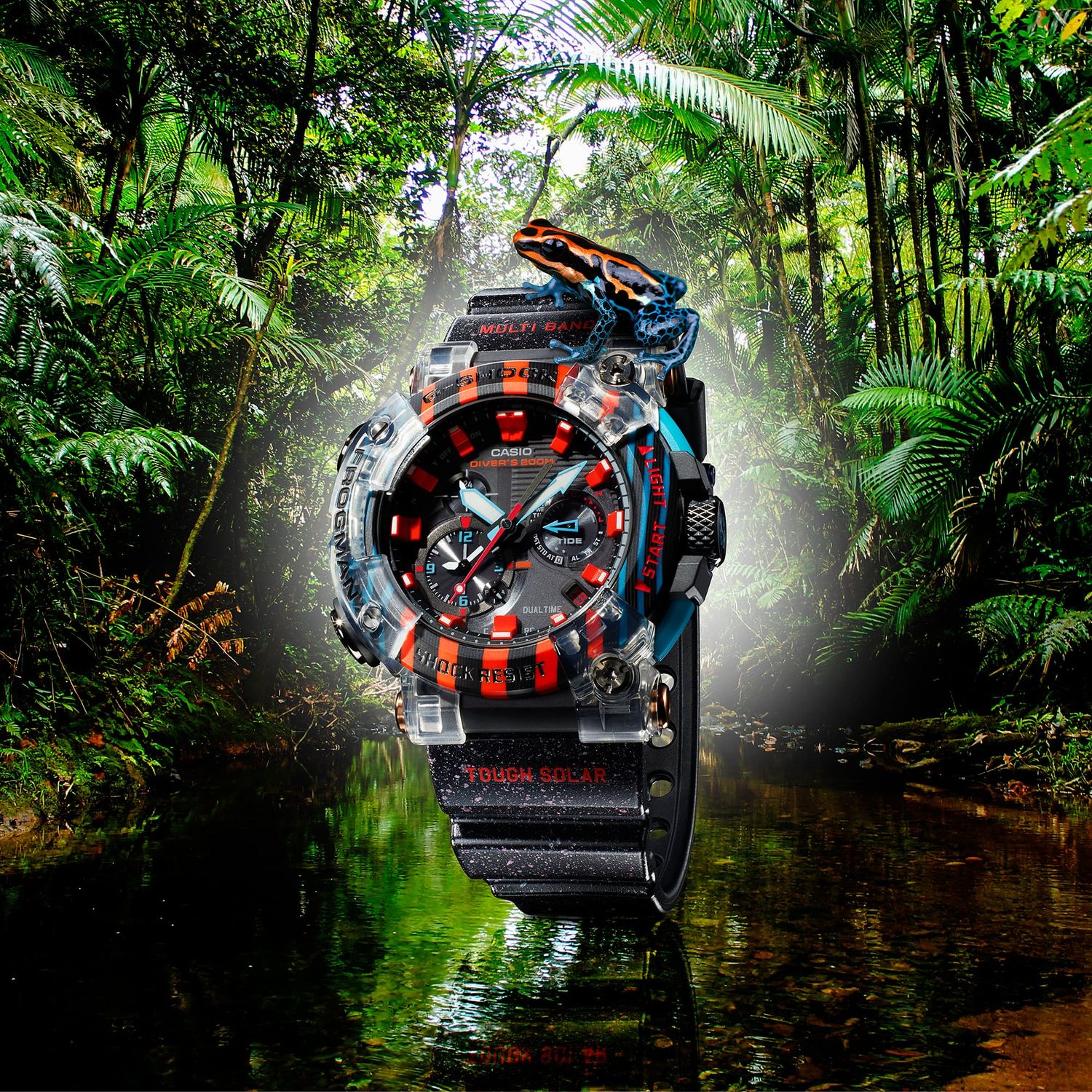 Casio G-Shock FROGMAN GWF-A1000APF-1JR JDM Bluetooth Solar Radio-Controlled Watch – Limited Edition 30th Anniversary “Poison Dart Frog” Made in Japan 200m WR Carbon Monocoque Multicolor Carbon Bezel Sapphire Crystal Dual Coil Motors JDM (Japanese Dom
