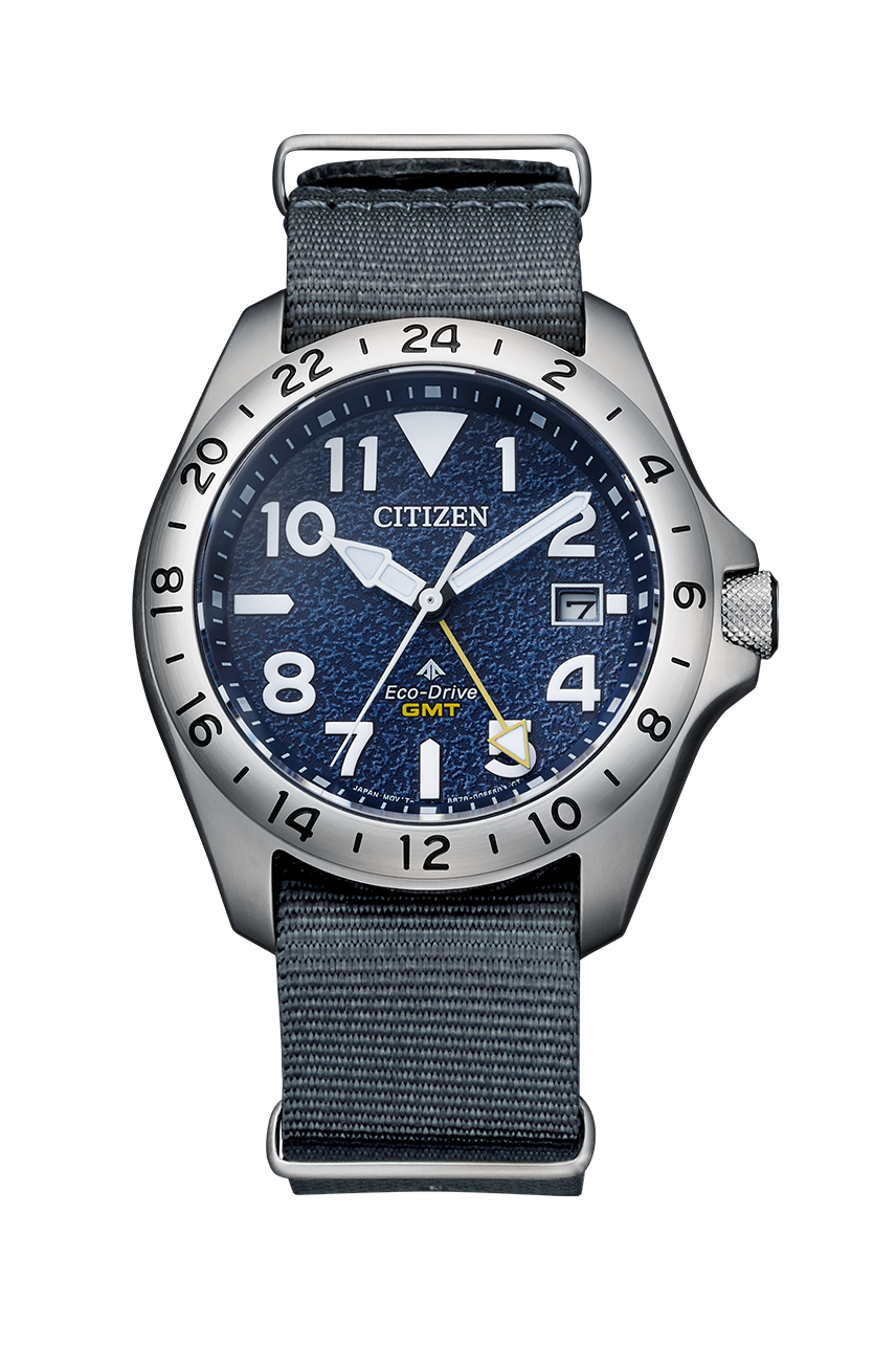 Citizen Promaster Land GMT BJ7150-09L 38,6mm 200m Men's Sundial Watch – Navy Blue, Sapphire Crystal, and Nylon Strap Eco-Drive Movement (powered by solar energy or light)