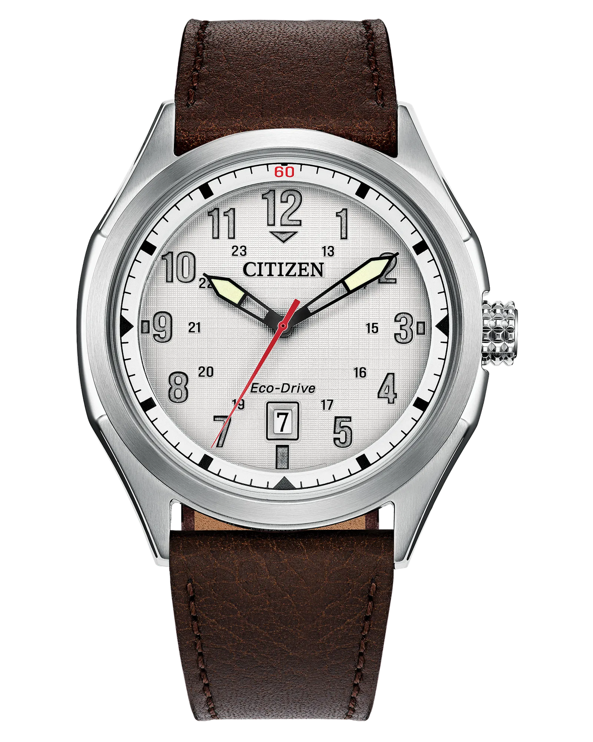 Citizen Eco-Drive Terra Force AW1890-19B 41.2mm 100m WR – Military Style, Silver Dial and Leather Strap Eco-Drive movement (powered by solar energy or light)