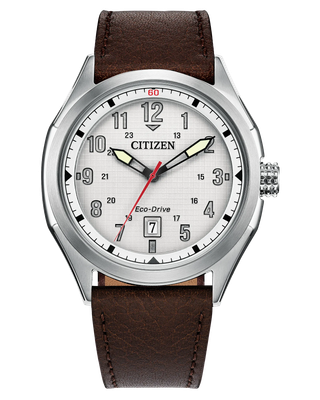 Citizen Eco-Drive Terra Force AW1890-19B 41.2mm 100m WR – Military Style, Silver Dial and Leather Strap Eco-Drive movement (powered by solar energy or light) Citizen Eco-Drive Terra Force AW1890-19B 41.2mm 100m WR – Military Style, Silver Dial and Leather Strap Eco-Drive movement (powered by solar energy or light)