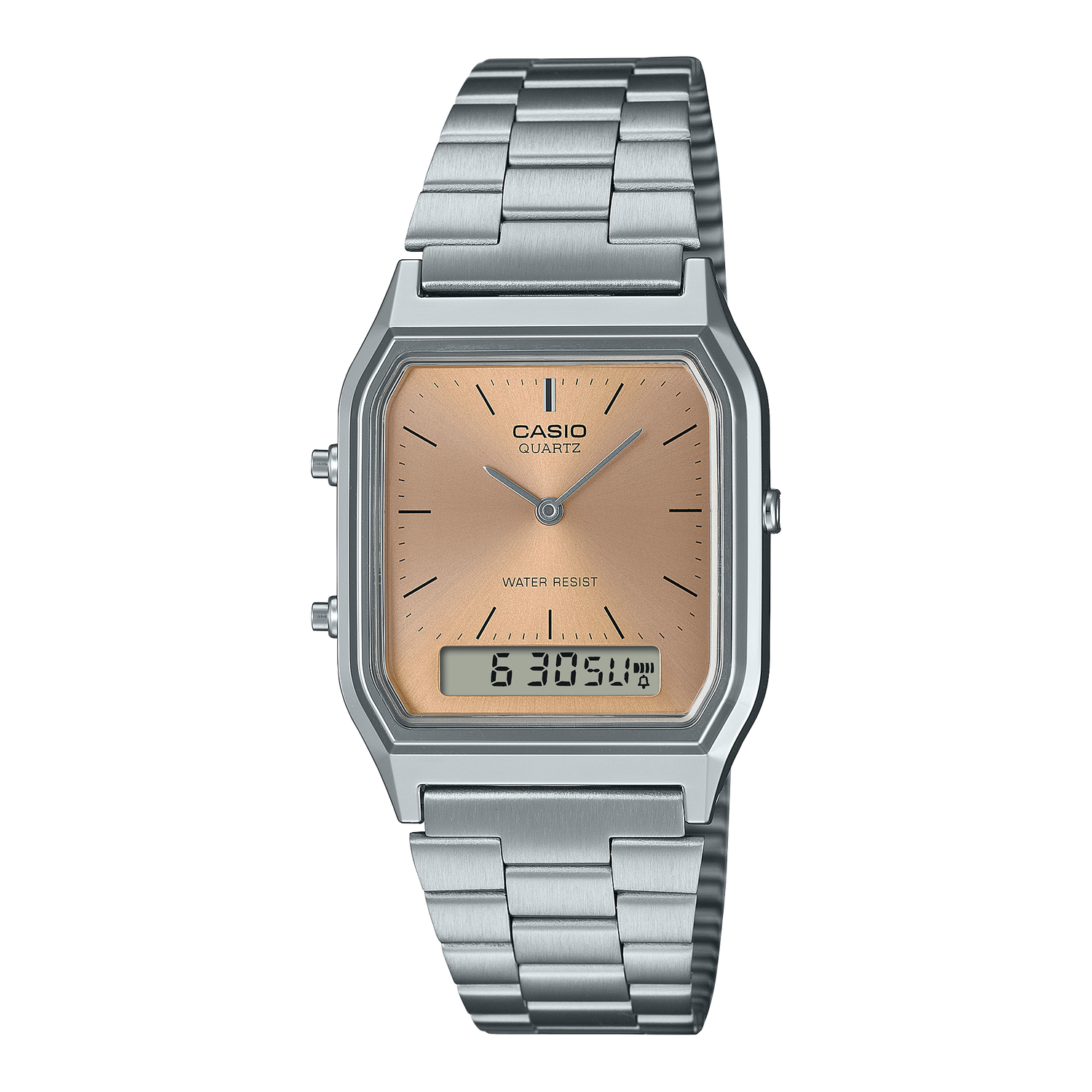 Casio Edgy AQ-230-4A retro unisex digital watch 38.8 × 29.8 × 8.1 mm Dual Time World Time Light Steel Strap