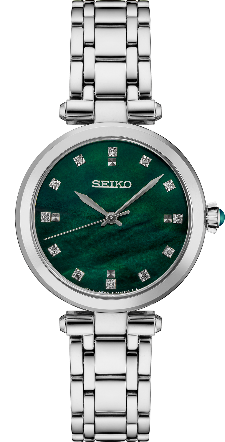 Seiko Diamonds SRZ535P1 women's quartz watch 30mm 50m WR Mother-of-pearl dial with 12 diamond hour markers Cabochon crown