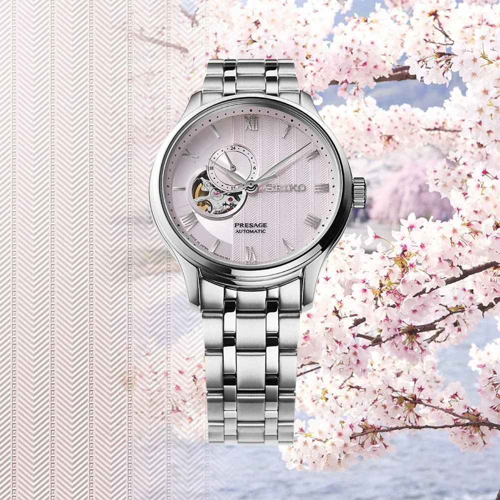 Seiko Presage Japanese Garden Kyoto Cherry Blossom SSA465J1 men's automatic watch, 41.8 mm, double-curved sapphire crystal, steel strap