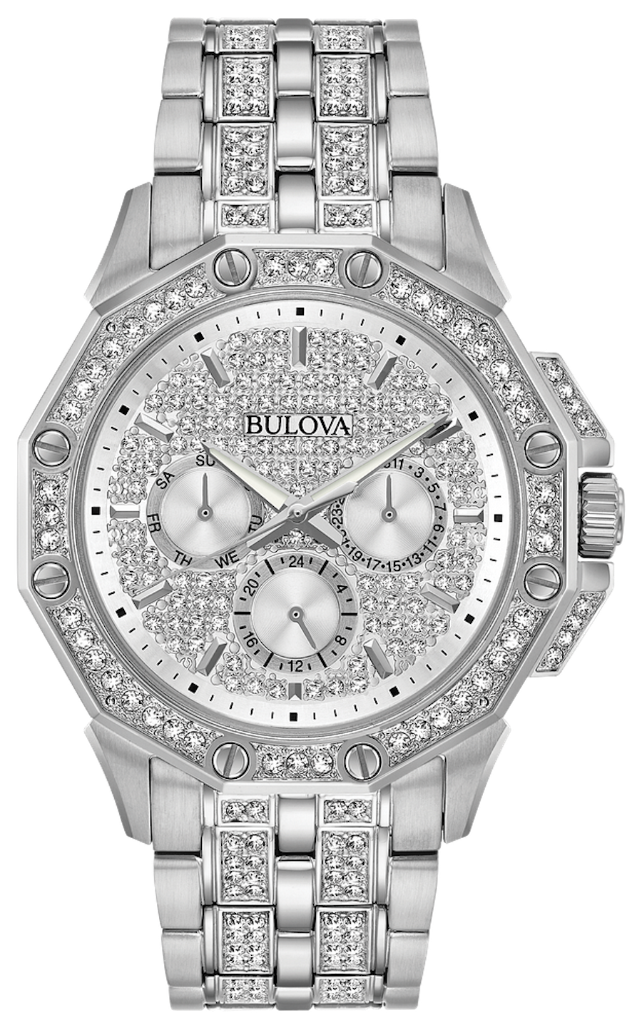 Bulova Swarovski Crystal 96C134 42mm Quartz men's watch stainless steel bracelet 30m water resist