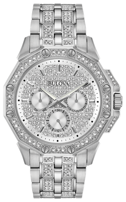Bulova Swarovski Crystal 96C134 42mm Quartz men's watch stainless steel bracelet 30m water resist