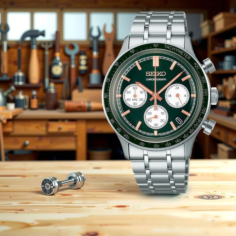 Seiko Chronograph Reverse Green Panda Men's Watch SSB481P1 38.7mm 50m Quartz Steel Strap